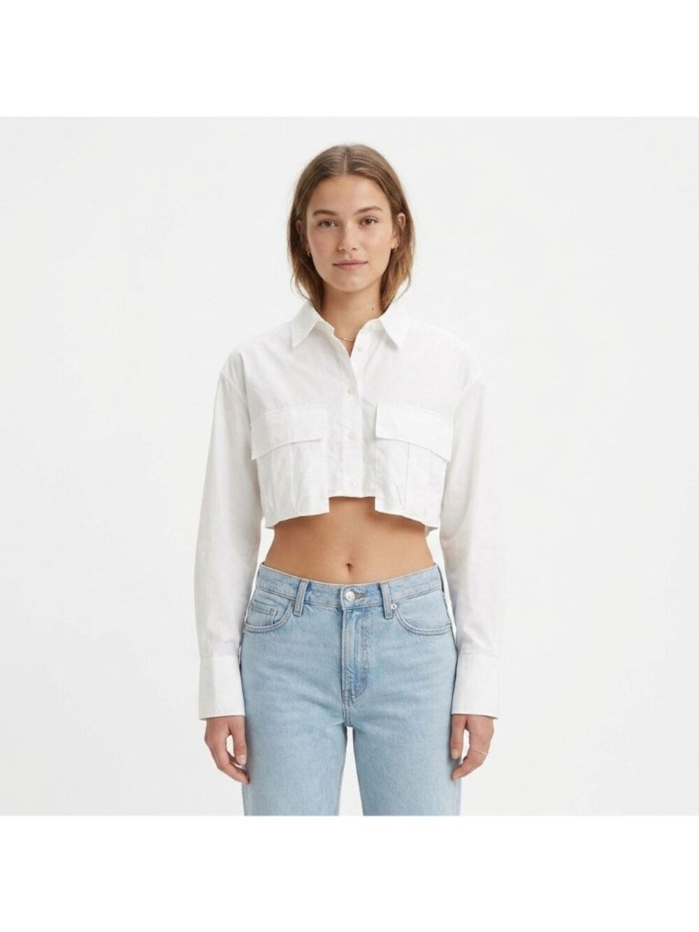 Zara White Collared Button Up Crop Shirt Size XS Long Sleeves Utility Streetwear - Picture 1 of 7